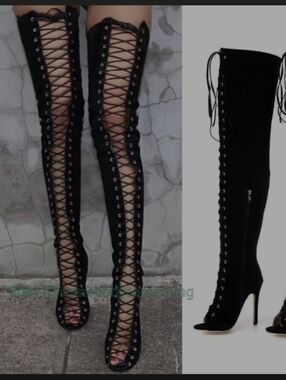DOLLHOUSE BRAND NWT BLACK THIGH HIGH LACED TIE UP OTK SEXYAF PEEP TOE BOOTS SZ9